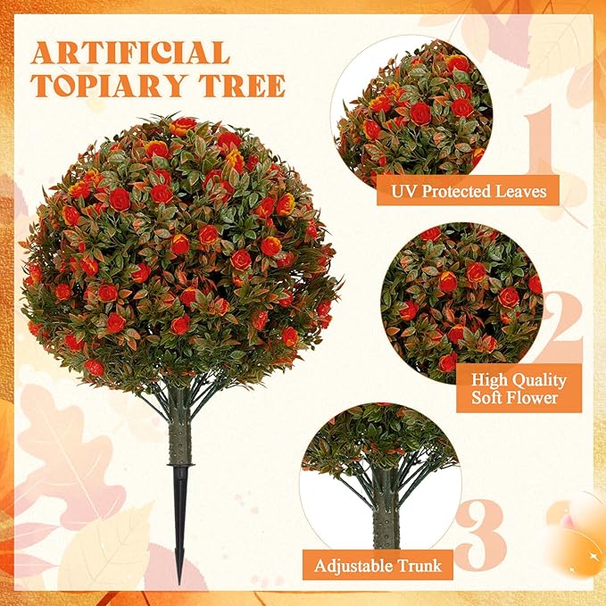 24 Fall Artificial Topiary Ball Trees with Flowers Set of 2, Outdoor Fake Topiary with Ground Spike, UV Resistant Faux Artificial Plant Bushe for Indoor Front Porch Garden(2 Pack, Orange)