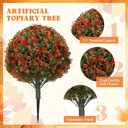 24 Fall Artificial Topiary Ball Trees with Flowers Set of 2, Outdoor Fake Topiary with Ground Spike, UV Resistant Faux Artificial Plant Bushe for Indoor Front Porch Garden(2 Pack, Orange)