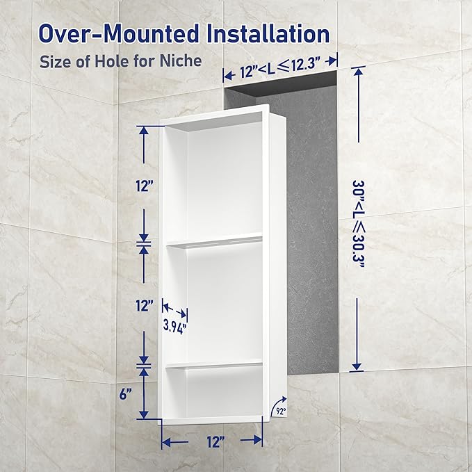 Stainless Steel Shower Niche 30" X 12" White with 3-Tiers Shelves No Tile Needed Niche Shower for Bathroom Storage Recessed Shower Shelves Over Mount Installation
