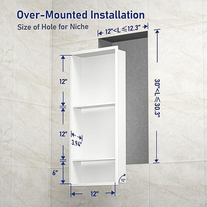 Stainless Steel Shower Niche 30" X 12" White with 3-Tiers Shelves No Tile Needed Niche Shower for Bathroom Storage Recessed Shower Shelves Over Mount Installation