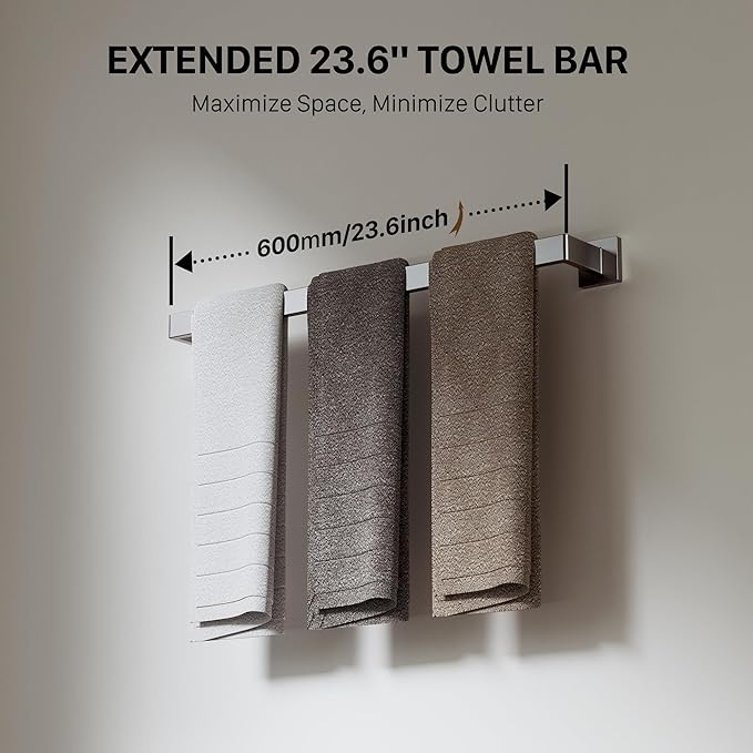 10-Piece 23.6 Inch Brushed Nickel Bathroom Accessories Set, Bathroom Hardware Set, SUS304 Stainless Steel Bath Towel Bar Set, Toilet Paper Holder with Shelf, Towel Hooks & Ring Wall Mounted