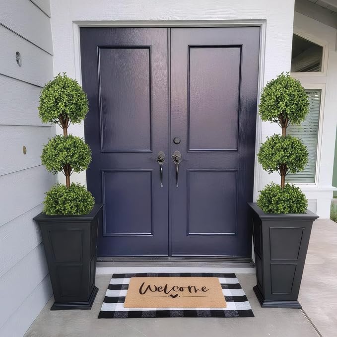 THE BLOOM TIMES 55" Tall Artificial Boxwood Triple Ball Topiary Trees, UV Resistant Large Fake Potted Plants for Outdoor Planter, Realistic Faux Bushes Shrubs for Front Porch Outside Decor Set of 2
