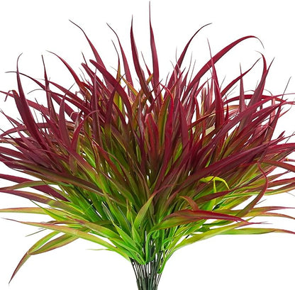 Uieke 28 Bundles Artificial Outdoor Plants UV Resistant Fake Grass Plants Faux Plastic Plants Greenery Shrubs for Home Garden Pathway Window Box Front Porch Summer Fall Decor, Deep Red