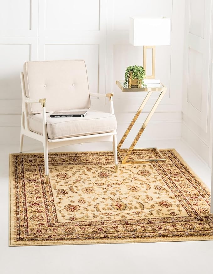Rugs.com Aditi Collection Rug – 7 Ft Square Cream Medium-Pile Rug Perfect for Living Rooms, Kitchens, Entryways