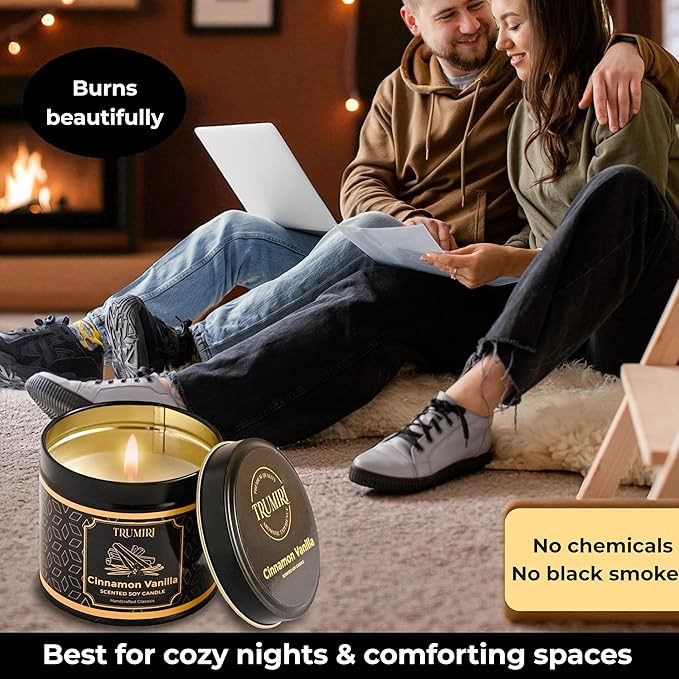 Vanilla Candle with Cinnamon Strong Scented Soy Candel Natural Non Toxic Velas Aromáticas for Women Gift for Fall Christmas Holidays Pack of 1 5Oz Decorartive Travel Tin