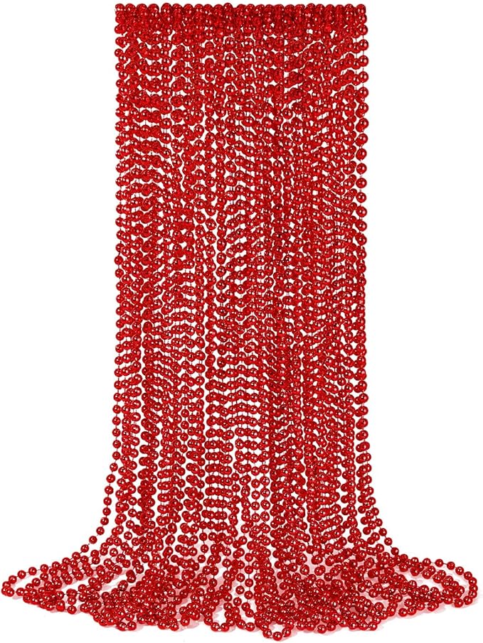 YAXINRUI 12 PCS Red Bead Necklaces, Christmas Mardi Gras Bead Necklaces, Red Valentine Necklace, 33 Inch 7 mm Round Beaded Necklaces for Mardi Gras Christmas Valentine Festive Events, Party Favors
