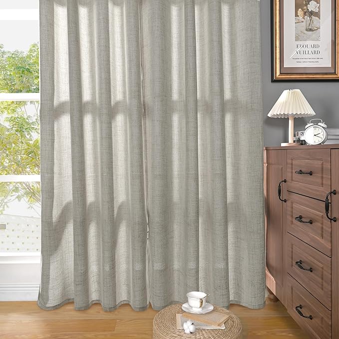 YoungsTex Dark Grey Linen Curtains for Living Room 52 X 68 Inch Length, Light Filtering Semi Sheer Drapes with Bronze Grommet Textured Window Treatments for Bedroom Office, 2 Panels