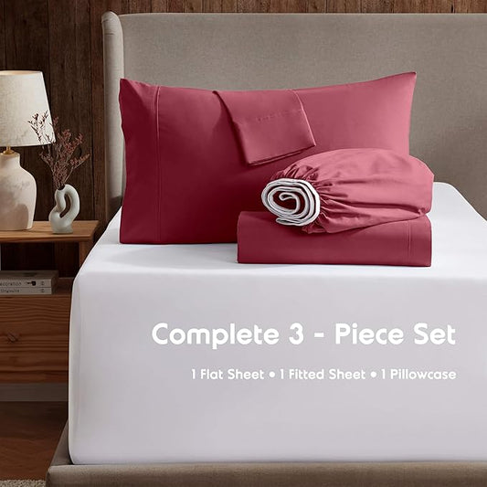 Nestl Twin Sheet Set - 1800 Ultra-Soft Microfiber Twin Bed Sheets - Double Brushed - Deep Pockets - Easy Fit - Extra Soft - 3 Piece Set - Bedding Sheets & Pillowcases (Twin, Burgundy Red)