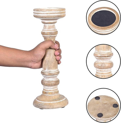 Mela Artisans Whitewashed Hand Carved Wooden Pillar Candle Holders - Set of 3 | Chennai Decorative Style | Crafted from Mango Wood | Rustic Table Centerpiece Decor | Sized 6", 9" and 12"