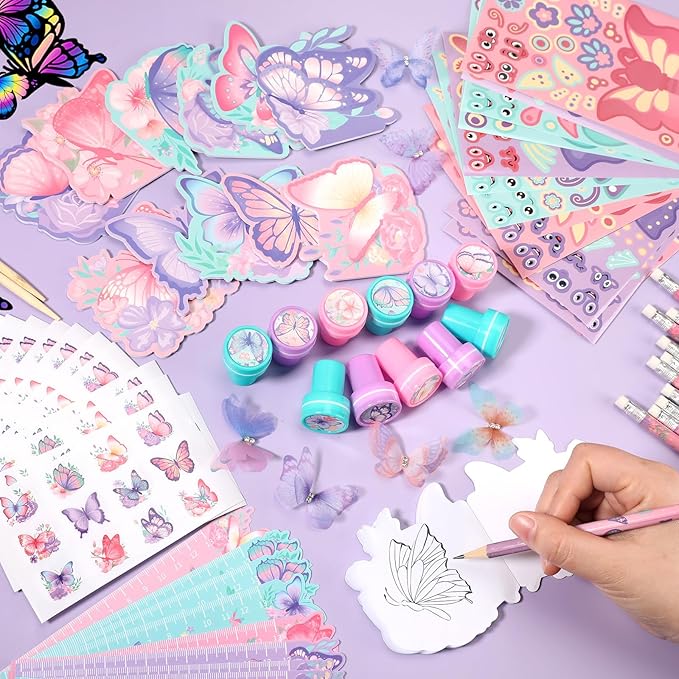 BenLouis 108Pcs Butterfly Party Favors Butterfly Fairy School Stationery Set Bulk for Kids Spring Flower Tea Birthday Birthday Goodie Bag Stuffers Classroom Gifts Rewards Pinata Filler