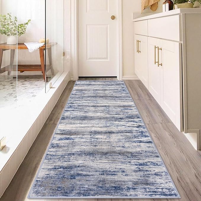 KOZYFLY 3x8 Area Rug Modern Ombre Area Rug for Bedroom, Washable Rug Non-Slip Soft Striped Living Room Rug, Print Grey-Blue Abstract Carpet for Laundry Nursery
