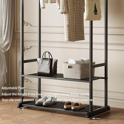Black Clothing Rack,Heavy duty clothes rack with 2-tier Bottom Shelves, Garment Rack with 6 Side Hooks for Hanging Clothes, Coats, Shirts (black, 39.37in)