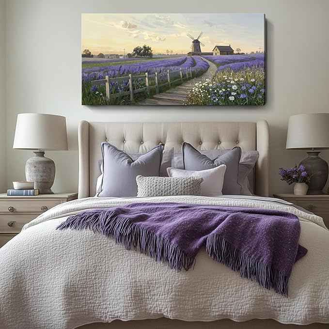 amatop Large Canvas Wall Art for Living Room Rustic Farmhouse Lavender Picture Print Countryside Landscape Windmill Daisy Flowers Purple Floral Artwork Bedroom Office Horizontal Nature Decor 48x24 In