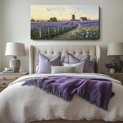 amatop Large Canvas Wall Art for Living Room Rustic Farmhouse Lavender Picture Print Countryside Landscape Windmill Daisy Flowers Purple Floral Artwork Bedroom Office Horizontal Nature Decor 48x24 In