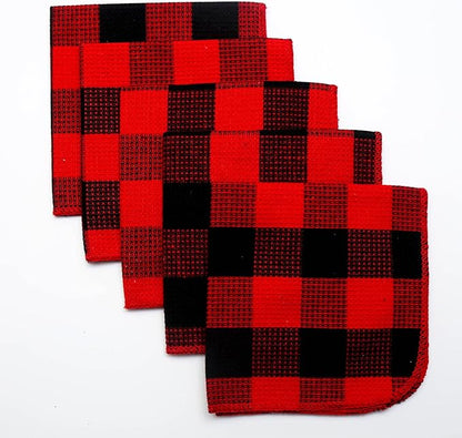 Waffle Weave Plaid Dish Cloths, 100% Cotton - 12 x 12 Inches, Ultra Soft Absorbent Quick Drying Dish Towels Buffalo Check Dish Rags for Kitchen, 8 Pack - Fall Thanksgiving - Red & Black