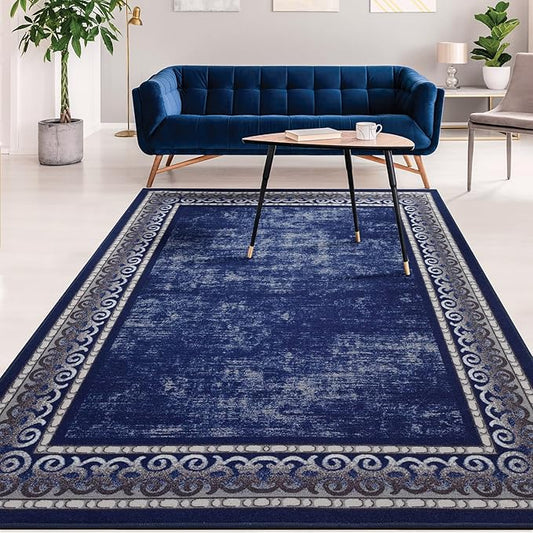 Antep Rugs Alfombras Bordered Modern 3x5 Non-Slip (Non-Skid) Low Pile Rubber Backing Indoor Area Rug (Navy, 3' x 5')