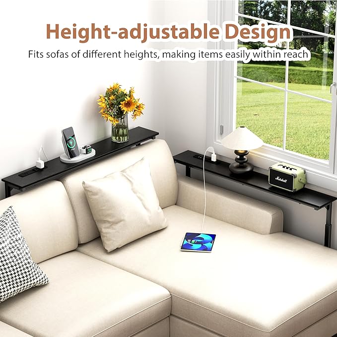 GRLEAF 2 Pack Adjustable Height Narrow Console Table with Power Outlets, 90" Long Sofa Table with Charging Station Behind Couch Table Entryway Table for Living Room and Hallway – Black