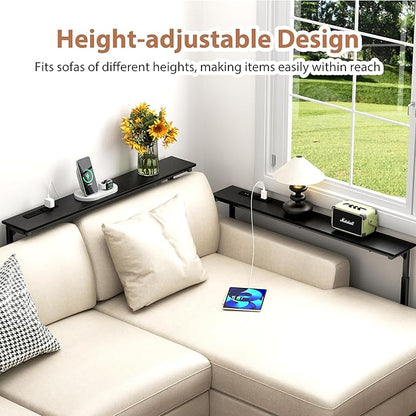 GRLEAF 2 Pack Adjustable Height Narrow Console Table with Power Outlets, 90" Long Sofa Table with Charging Station Behind Couch Table Entryway Table for Living Room and Hallway – Black