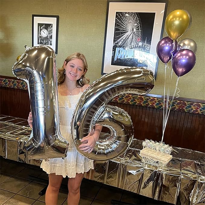 40'' Silver Number 9 Balloons for Women Men, Giant Self Inflating Foil Number Balloons Set 0-9, Large Digital 9 Helium Balloon for Boys Girls 9th Birthday Party Decorations Anniversary Supplies