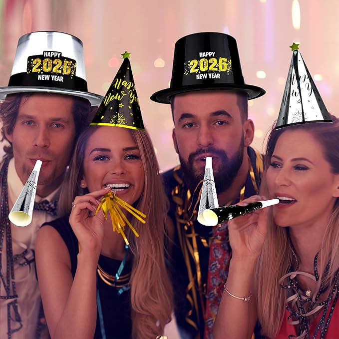 96PCS Party Supplies - New Years Headbands, Hats & Noisemakers for 48 People - Plastic Party Favors, Cone Hats, Horns