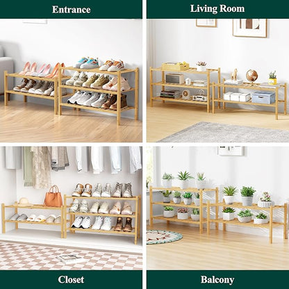 Smiry Bamboo Shoe Rack for Closet, 3 Tier Wooden Stackable Shoe Organizer, Free Standing Shoes Storage Shelf for Entryway, Front Door Entrance, Natural & White