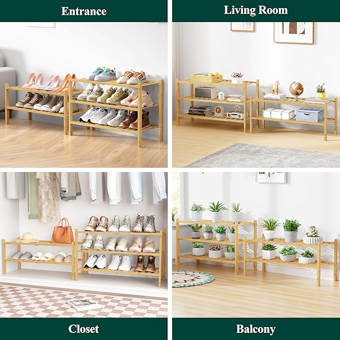 Smiry Bamboo Shoe Rack for Closet, 3 Tier Wooden Stackable Shoe Organizer, Free Standing Shoes Storage Shelf for Entryway, Front Door Entrance, Natural & Black