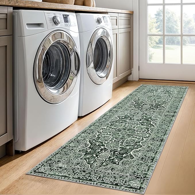 KUTA Runners for Hallways 2x6 Dark Green, Vintage Floral Rug Non-Slip Washable Kitchen Rugs Printed Retro Distressed Flower Carpet Entryway Rugs for Bedroom Laundry Nursery