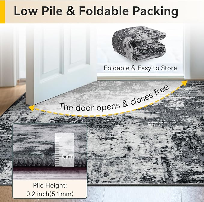 Washable Area Rugs 2'x6' Non-Slip Modern Abstract Soft for Living Room Entryway Bedroom Nursery, Print Pattern, Black Navy Blue Gray