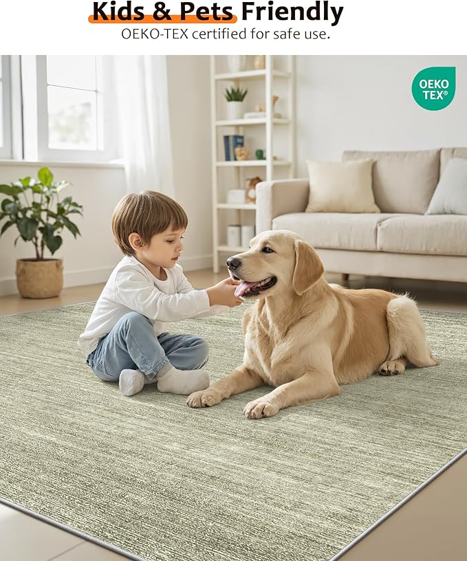 Art&Tuft Washable Rugs 8x10, Area Rugs for Living Room - Non Slip and Stain Resistant Soft Thin Low Pile 8x10 Rug for Bedroom, Dining Room, Kitchen, Office, Green