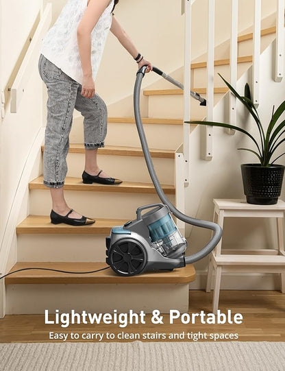 Aspiron 1700W Canister Vacuum Cleaner, 32Kpa Bagless Vacuum Cleaner, Multi-Cyclonic Filtration, 2 Anti-Allergen HEPA Filters, 3.5QT Dust Cup, 4 Tools, Corded Vacuum for Hard Floor, Pet Hair, Cyan