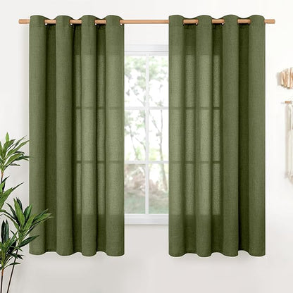 YoungsTex Olive Green Linen Curtains 63 Inch Length 2 Panels for Living Room, Semi Sheer Drapes Light Filtering with Bronze Grommet Textured Privacy for Office Bedroom, 52 X 63 Inch