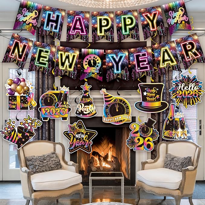 Colorful Happy New Year Banner & Hanging Swirls, Neon Themed 2026 Happy New Years Paper Banner Ceiling Swirl Streamers for New Years Eve Party Supplies