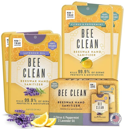 Organic Beeswax Hand Sanitizer Spray - 4-Pack (2 Lavender + 2 Citrus Peppermint), Travel Size Mist Spray with Organic Ethyl Alcohol, Moisturizing with Essential Oils, Non-Toxic, Made in USA