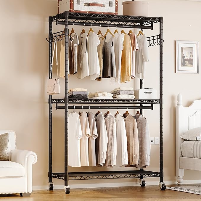 Homeiju Heavy Duty Rolling Garment Rack with Adjustable Wire Shelving, 3 Tiers Clothes Rack with Double Rods and Side Hooks, Freestanding Wardrobe Storage Rack Metal Clothing Rack, Black