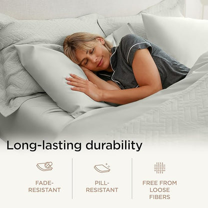 Threadmill 100% Cotton Sheets for Queen Size Bed - 600 Thread Count Queen Bed Sheets Set with 16” Deep Pocket - Sateen Weave 4-Piece Bedding Set with Cooling Effect, Light Grey