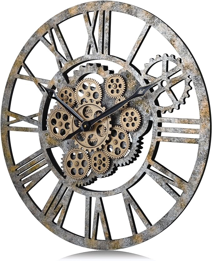 Lafocuse 23 Inch Real Moving Gear Wall Clock, Steampunk Wooden Large Wall Clock for Living Room Decor, Farmhouse