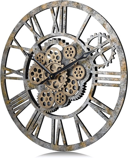 Lafocuse 23 Inch Real Moving Gear Wall Clock, Steampunk Wooden Large Wall Clock for Living Room Decor, Farmhouse