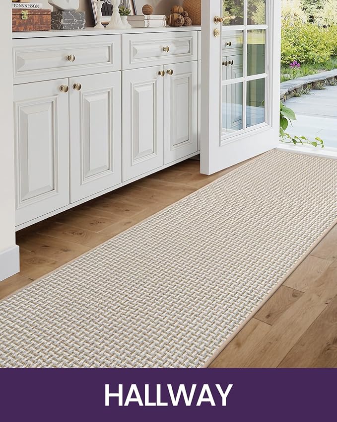 DEXI Hallway Runner Rug 2'4''x8', Non Slip Rubber Backed Runners Carpet, Ultra Thin Entryway Rugs Indoor for Kitchen Hallway Entrance Bedroom, White and Beige