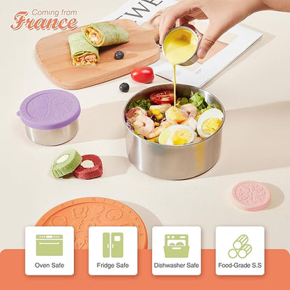 Stainless Steel Food Storage Container, Set of 6, Nesting Bowls with Colorful Lids, stackable leakproof Metal Lunch Box Set for Kids, Daycare, School, Travel. Sauce Salad dressing Container to go