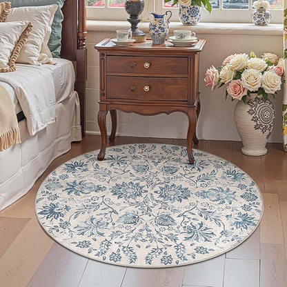 jinchan Classic Floral Round Rug 5ft, Vintage-Inspired Design 5’Circle Rug, Machine Washable Ultra-Thin Low-Pile Non-Slip Indoor Carpet for Bedroom Dining Room Living Room Entryway, Dark Blue