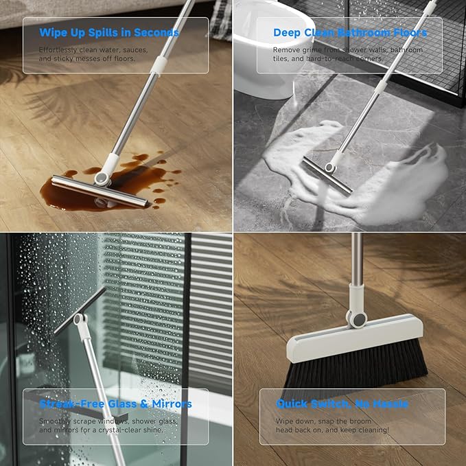 Magnetic Broom and Dustpan Set with Silicone Broom Squeegee, 55'' Broom with Dustpan Combo Set Self-Cleaning Teeth Design Upright Standing Dustpan Blue Microfiber Cloth for Indoor Floor Home Kitchen