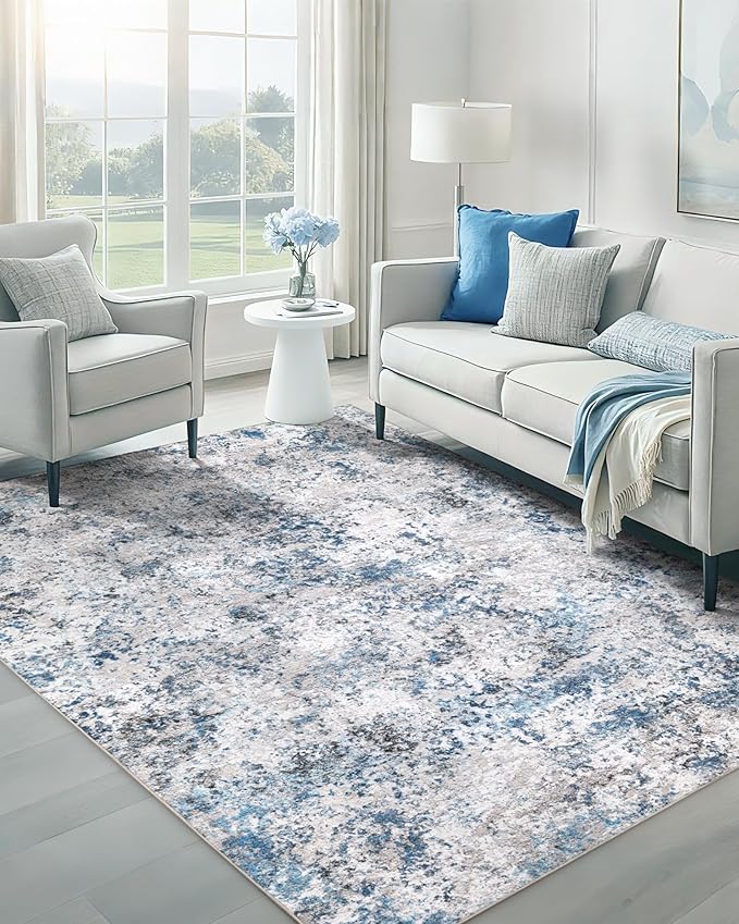 AUKOW Modern Abstract Washable Area Rugs - 3x5 Contemporary Soft Mat Stain Resistant Non Slip Low Pile Indoor Throw Rug for Bedroom Kitchen Office Chair Desk - Grey/Blue