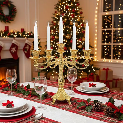 5-Candle Candelabra Metal Candlestick Holder Decoration for Weddings, Churches, Halloween, Christmas, Birthday Party (A-Gold)