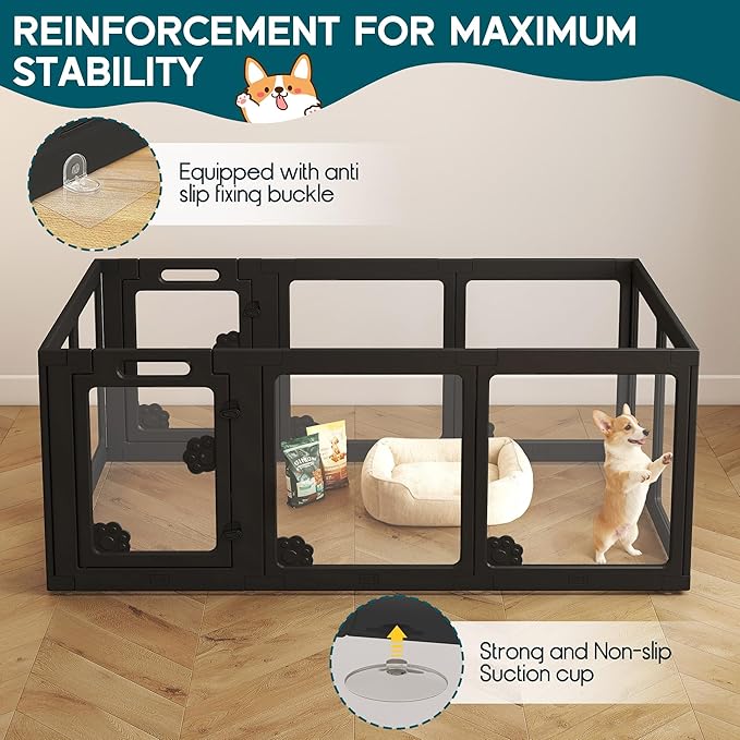 Albott Acrylic Clear Dog Playpen Indoor, Modular Puppy Cat Small Pet Play Pen with 2 Doors, Transparent Fence for Little Dogs, Cats, Rabbits, Easy Assemble and Disassemble, Black (24" H, 10 pcs)