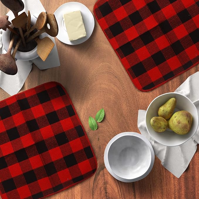 Waffle Weave Plaid Dish Cloths, 100% Cotton - 12 x 12 Inches, Ultra Soft Absorbent Quick Drying Dish Towels Buffalo Check Dish Rags for Kitchen, 8 Pack - Fall Thanksgiving - Red & Black