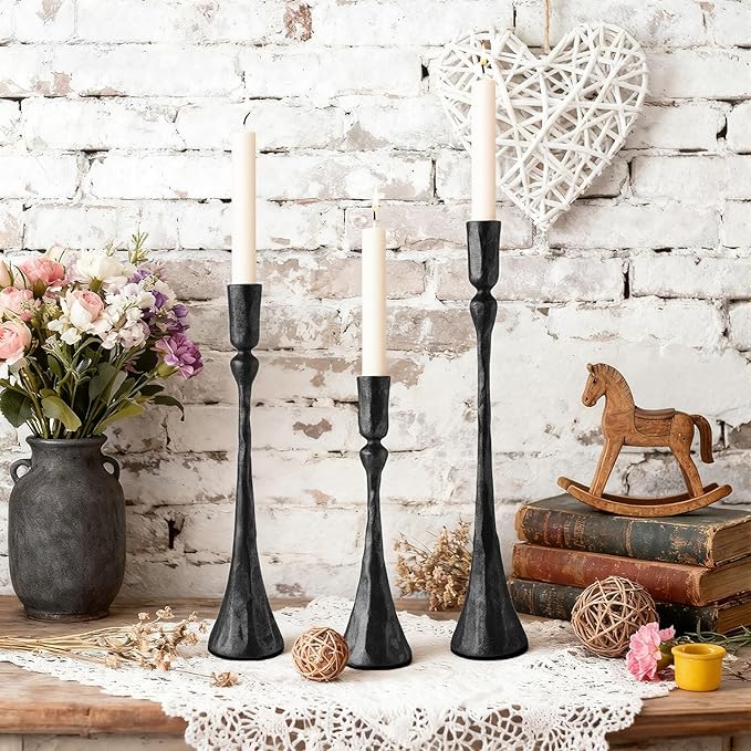 Vintage Cast Iron Black Taper Candle Holders Set of 3 Antique Decorative Candlestick Holder for Wedding Dining Table Party Rustic Home Decor