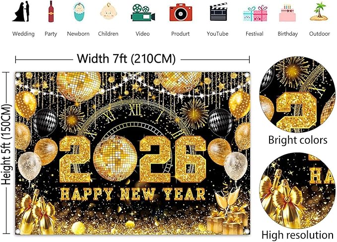 Happy New Year 2026 Black Gold Backdrop 2026 New Year Eve Countdown Photo Background Cheer to 2026 Party Decoration Banner Photo Supplies (Gold, 82x59inch (7x5FT))