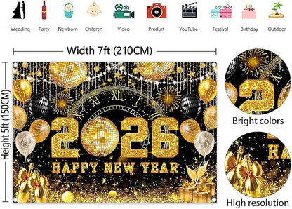 Happy New Year 2026 Black Gold Backdrop 2026 New Year Eve Countdown Photo Background Cheer to 2026 Party Decoration Banner Photo Supplies (Gold, 82x59inch (7x5FT))