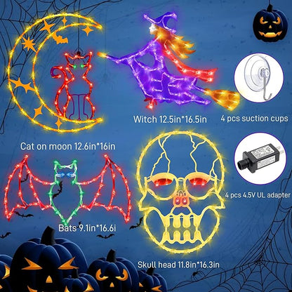 Halloween Decorations - 16" Halloween Window Silhouette Lights - 4 Pack Colour Lighted Cat on Moon & Skull Head & Bat & Witch for Holiday Indoor and Outdoor Wall Door Window Decorate