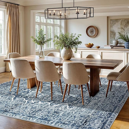 KUTA Vintage 8x10 Area Rugs for Living Room, Washable Large Rug for Bedroom 8ft x 10ft Non-Slip, Blue White Ultra Soft Printed Traditional Floral Medallion Distressed Dining Room Low-Pile Carpet